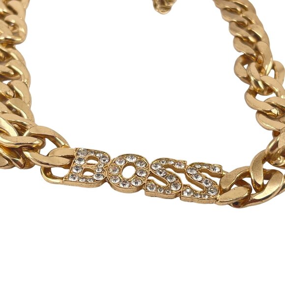 Gold-Tone Chunky Chain Necklace With Rhinestone "Boss" Pendant - Picture 9 of 9